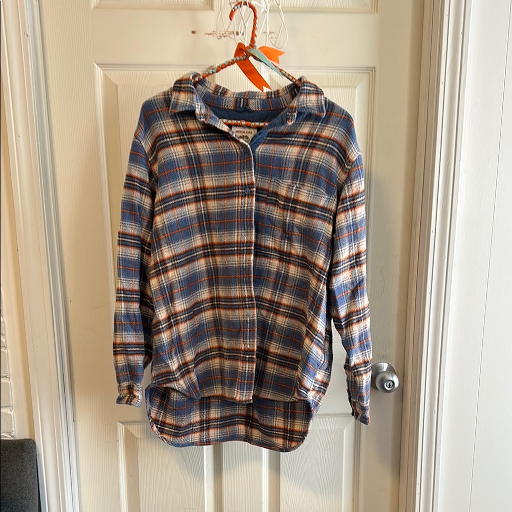 American Eagle Outfitters Blue and Brown Plaid Button Down Shirt